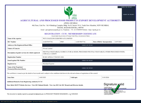 APEDA Registration-cum-Membership Certificate (RCMC) — certificate (private details hidden)