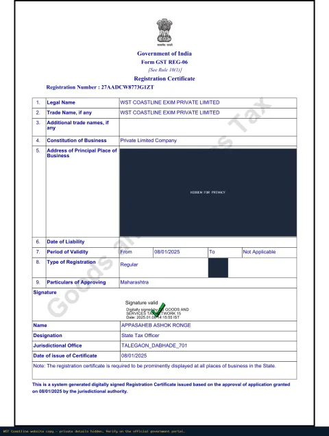 GST Registration (GSTIN) — certificate (private details hidden)