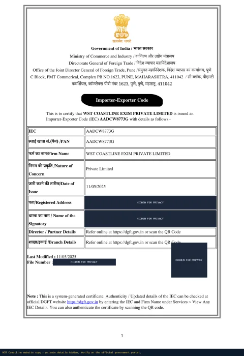 Importer-Exporter Code (IEC) — certificate (private details hidden)