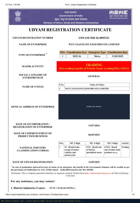 Udyam Registration (MSME) — certificate (private details hidden)