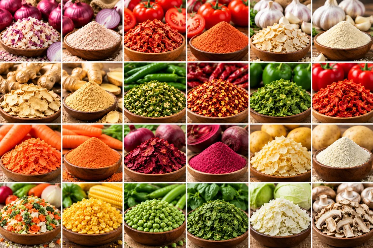 Collage of dehydrated products in wooden bowls: onion flakes and powder, tomato flakes and powder, garlic, green and red chilli flakes, mixed vegetables and ginger