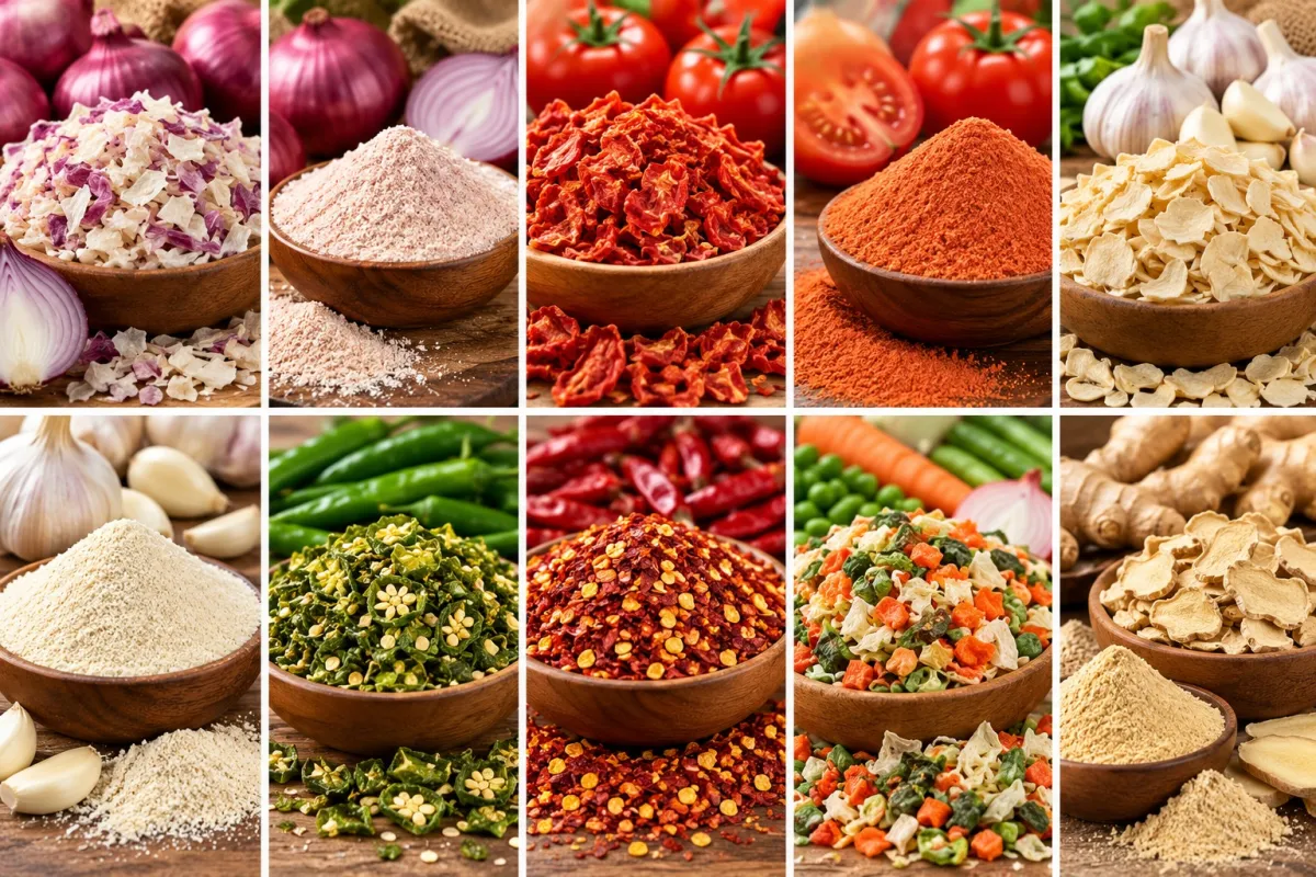 Collage of dehydrated vegetable flakes and powders in wooden bowls, including carrot, beetroot, potato, corn, peas, spinach, cabbage and mushroom