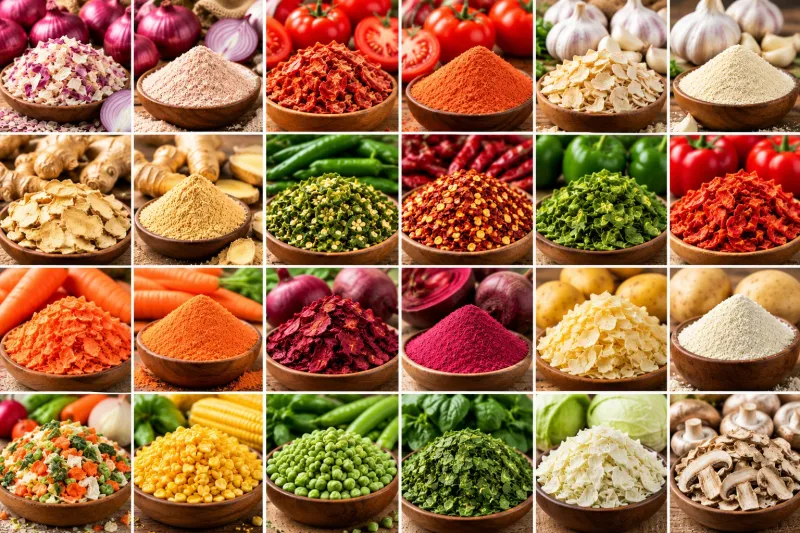 Collage of dehydrated products in wooden bowls: onion flakes and powder, tomato flakes and powder, garlic, green and red chilli flakes, mixed vegetables and ginger