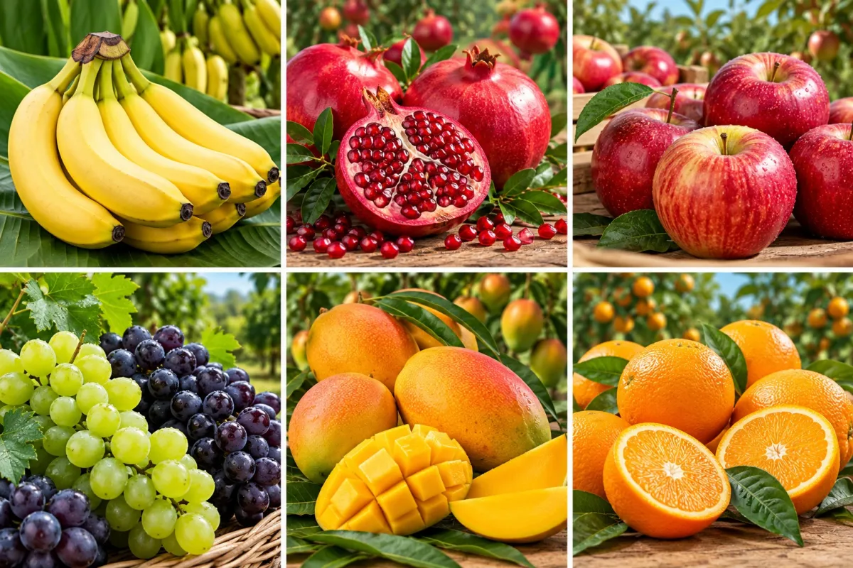 Collage of fresh fruit: bananas, pomegranates, apples, grapes, mangoes and oranges