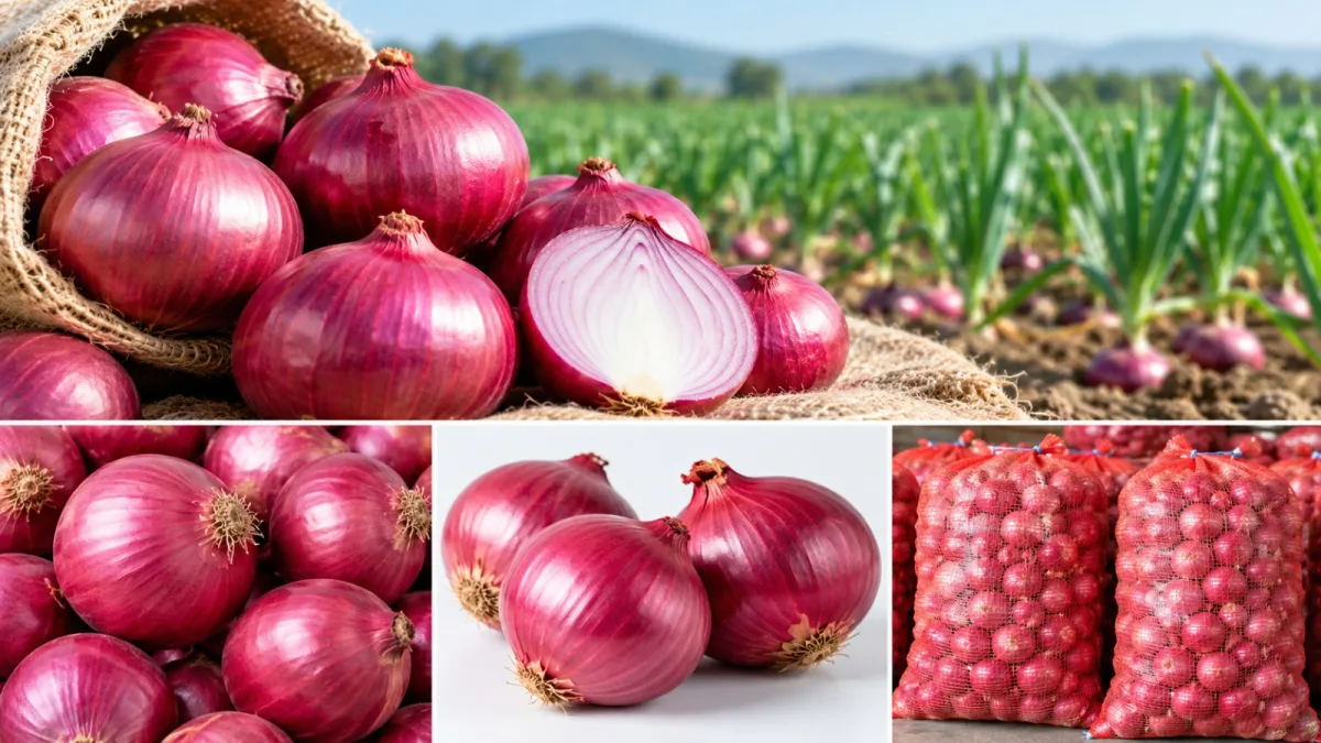Collage of red onions: a jute sack of onions, a cut onion, an onion field and onions packed in red mesh bags