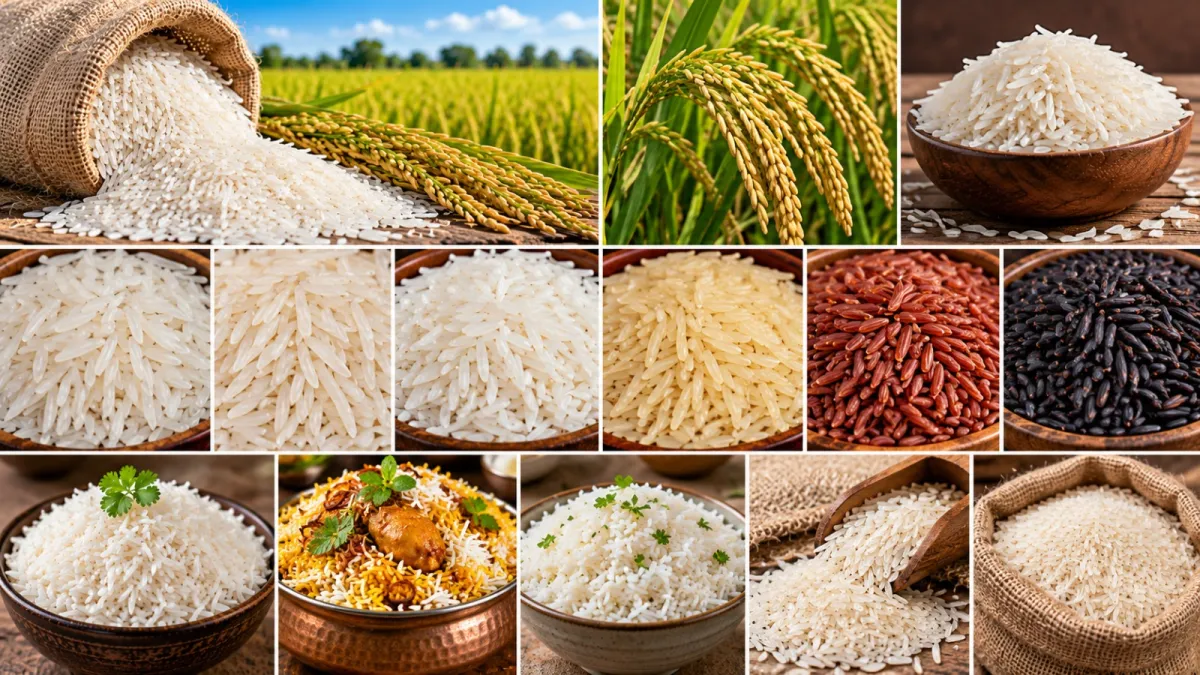 Collage of rice: long-grain rice spilling from a jute sack, rice paddy, rice varieties in bowls and cooked rice dishes