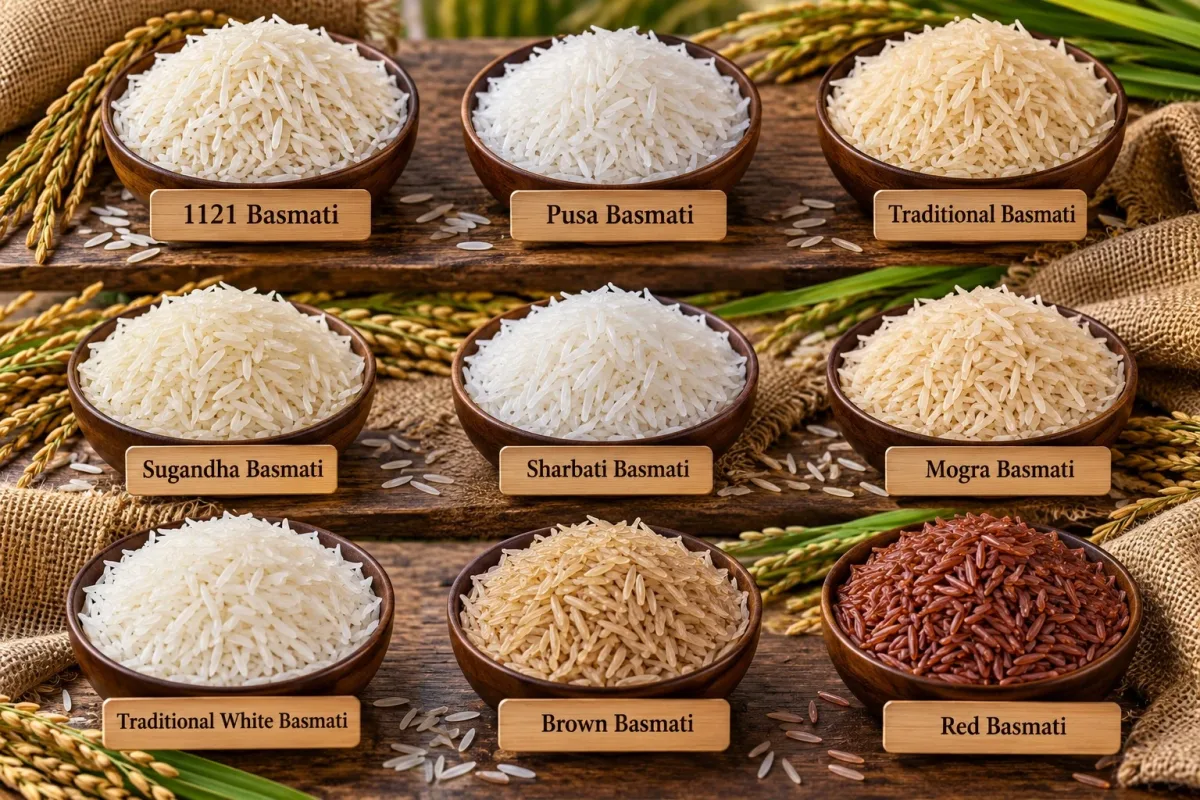 Labelled bowls of Basmati rice: 1121, Pusa, Traditional, Sugandha, Sharbati, Mogra, Traditional White, Brown and Red Basmati