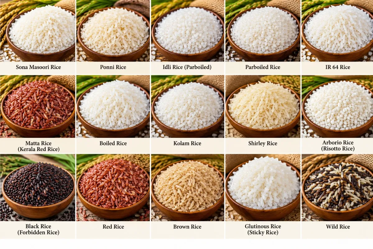 Labelled bowls of rice varieties: Sona Masoori, Ponni, Idli, Parboiled, IR 64, Matta, Boiled, Kolam, Shirley, Arborio, Black, Red, Brown, Glutinous and Wild rice